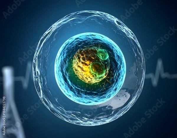 Fototapeta Microscopic Human Cell Structure with Glowing Organelles