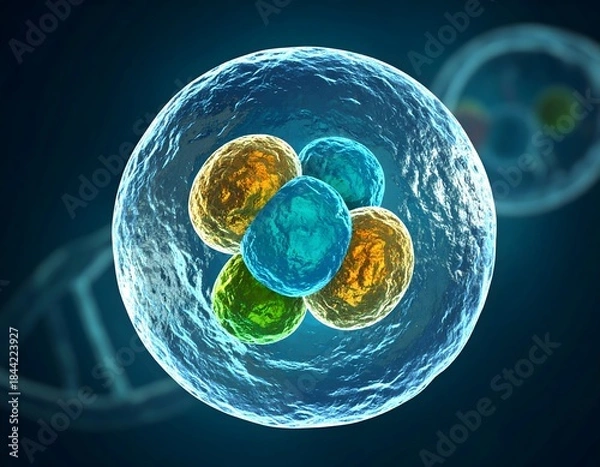 Fototapeta Microscopic Human Cell Structure with Glowing Organelles