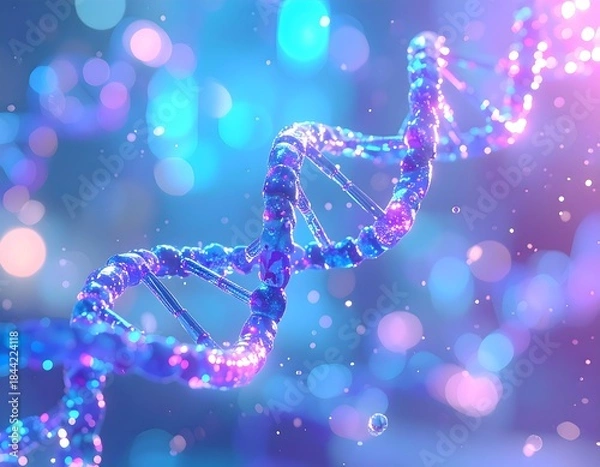 Fototapeta Macro Glowing Blue DNA Double Helix in Futuristic Lab