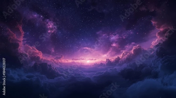 Fototapeta Vibrant Purple and Pink Nebula Cloudscape with Central Light Source.