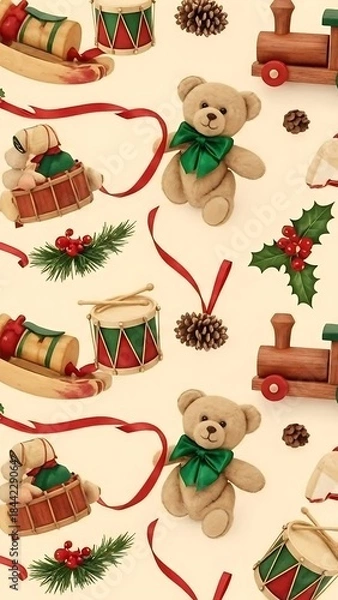 Fototapeta Festive Christmas Pattern with Toys and Decorations.