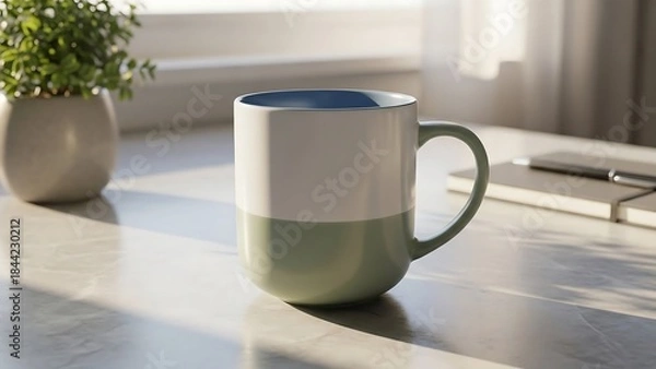 Fototapeta Morning Still Life - Mug, Plant, and Notebook on Table.