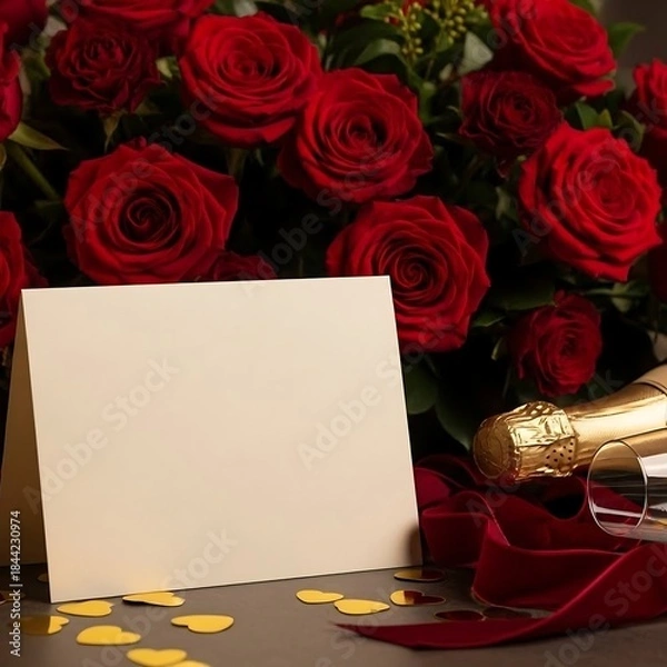 Fototapeta Romantic Roses, Champagne, and Blank Card for Special Occasions.
