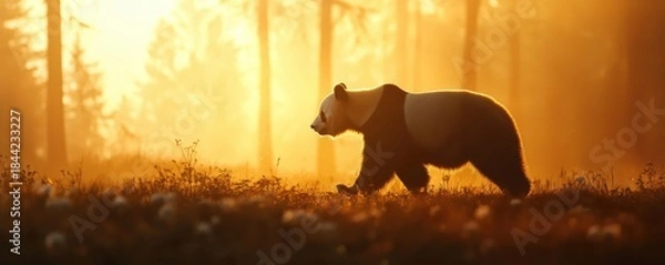 Obraz silhouette of a panda walking through a forest at sunset, surrounded by soft golden light and shadows from the trees.