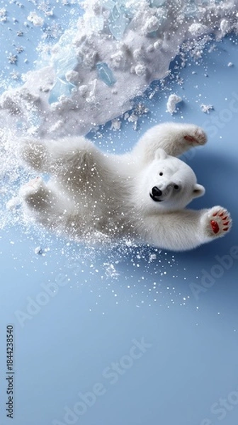 Fototapeta Aerial view of polar bear cub playing in snow and ice