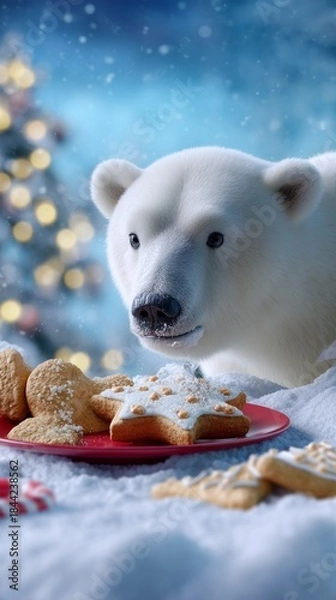 Fototapeta Polar bear looking at Christmas cookies in the snow