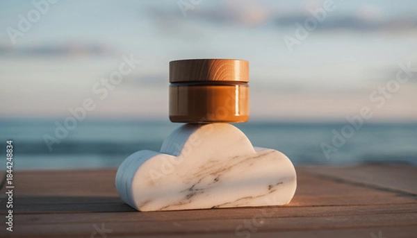 Obraz Amber jar with wooden lid on a marble cloud, set against a blurred ocean and sky backdrop.