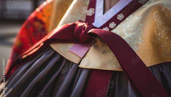 Obraz Close-up view of a traditional Korean Hanbok dress with a red bow and yellow top.