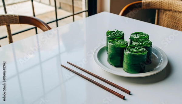 Obraz Green cylindrical desserts on a white plate with chopsticks on a table indoors.