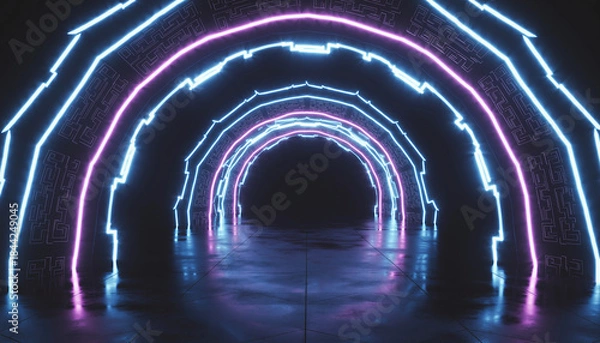 Obraz A futuristic dark tunnel illuminated by glowing blue and pink neon light arches creating a mesmerizing abstract pathway.