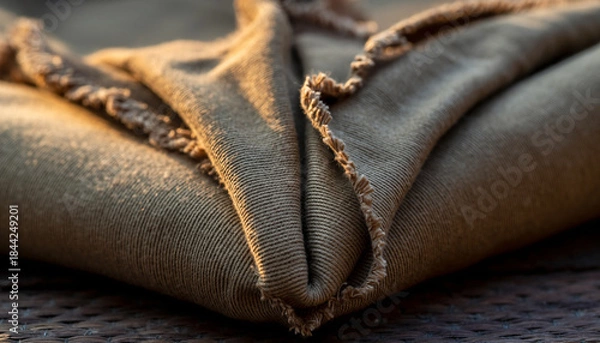 Obraz Close-up of a folded beige fabric with frayed edges catching the warm sunlight.