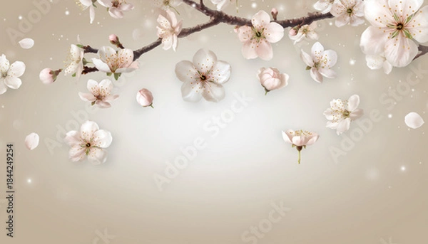 Obraz Elegant cherry blossom branch with delicate white and pink flowers and falling petals on a soft beige background, evoking a serene spring atmosphere.