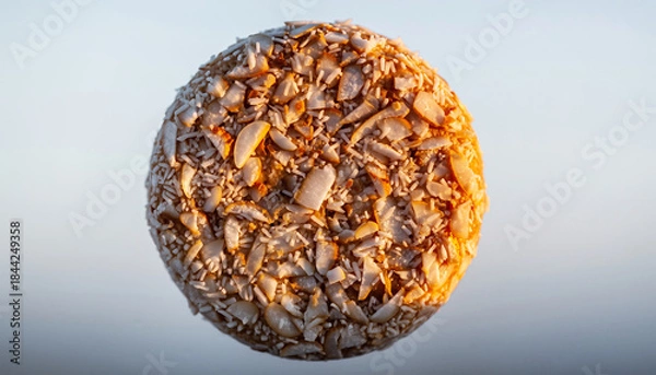 Obraz Close-up of a round dessert covered in toasted coconut flakes, illuminated by warm sunlight against a soft background.