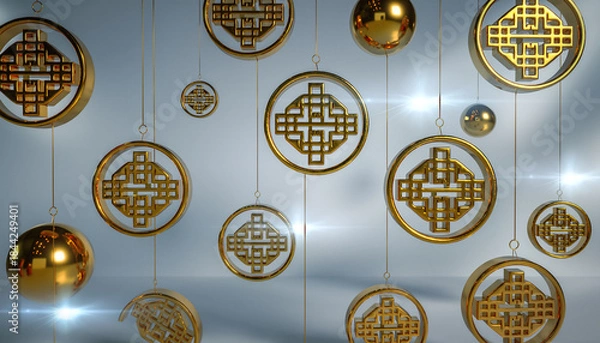 Obraz Golden circular ornaments with intricate traditional patterns and solid spheres hanging against a bright, festive background.