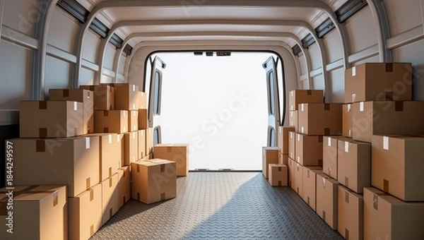 Fototapeta Delivery van interior filled with stacked cardboard boxes, showcasing organized storage space, illuminated by natural light, ideal for logistics and transportation themes