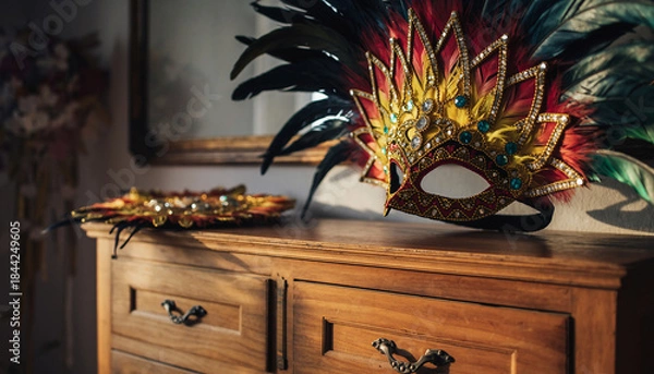 Obraz A vibrant feathered carnival mask with jewels sits on a wooden dresser, reflecting in a mirror.