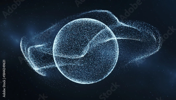 Obraz A glowing sphere of light particles surrounded by swirling energy on a dark background.