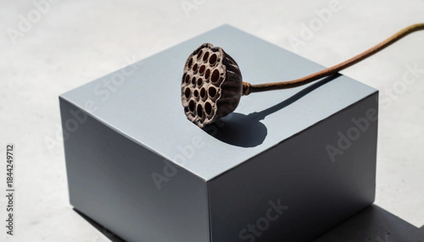 Obraz A dried lotus seed pod rests on a gray cube, casting a shadow on a white surface.