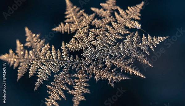 Obraz Detailed close-up of intricate fern-like frost patterns with a golden hue against a dark, icy background, showcasing nature's delicate artistry.