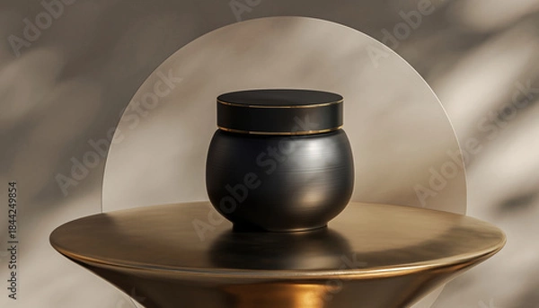 Obraz Elegant dark cosmetic jar on a golden pedestal with a translucent screen in a luxurious setting.
