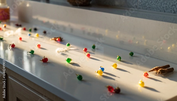 Obraz A collection of colorful pushpins scattered across a white countertop, illuminated by warm sunlight.