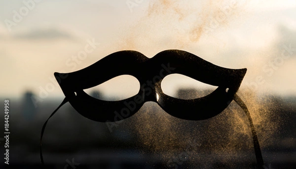 Obraz Black masquerade mask with mustache shape against a blurred golden hour city background with shimmering dust.