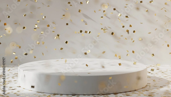 Obraz A white podium with golden confetti falling around it, set against a marble background.