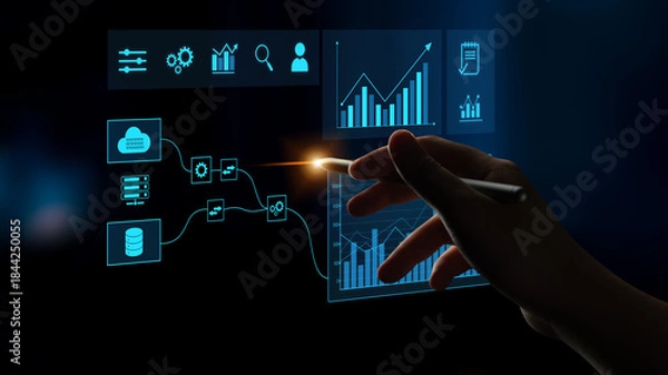 Obraz Data flow from database and cloud to processing and analytics dashboards, representing data analysis, automation, insight generation, and digital intelligence Latch