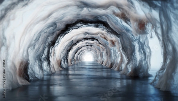 Obraz An ethereal, dreamlike tunnel formed from swirling, translucent fabrics leading to a bright light.