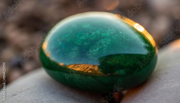 Obraz A smooth, polished dark green gemstone reflecting golden light on a bed of pebbles.