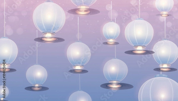 Obraz A collection of glowing white lanterns hanging against a soft, gradient background of pink and purple hues.