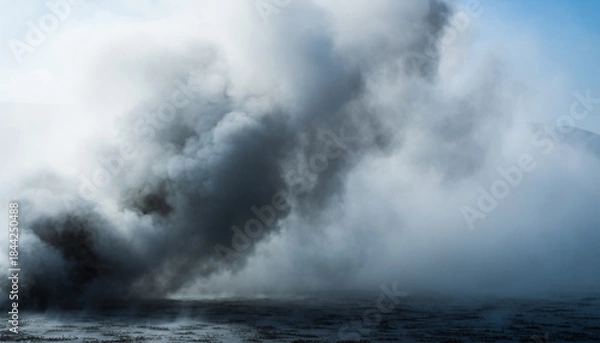 Obraz Dense black smoke and white steam billowing from a source, creating a dramatic and hazy atmospheric scene.