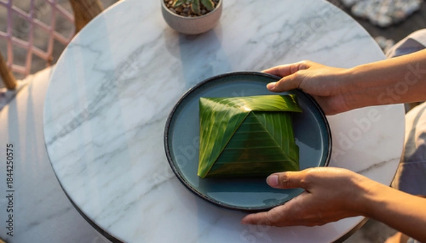 Obraz A person's hands carefully place a square-shaped food item wrapped in green banana leaves onto a marble table.