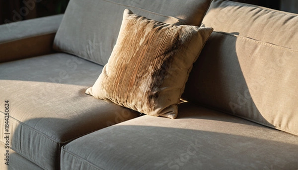 Obraz A close-up view of a comfortable beige sofa with a textured, fur-like decorative throw pillow bathed in warm sunlight.