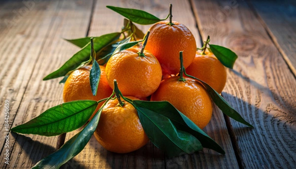 Obraz A cluster of fresh, ripe tangerines with vibrant green leaves rests on a rustic wooden surface.