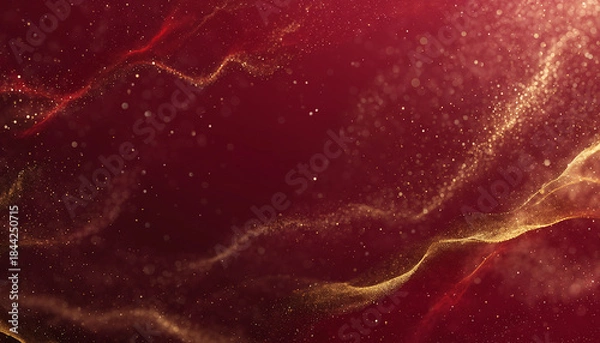 Obraz Abstract red background with flowing golden particle waves and shimmering dust.