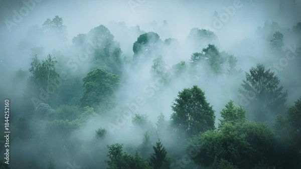 Fototapeta Misty forest canopy view