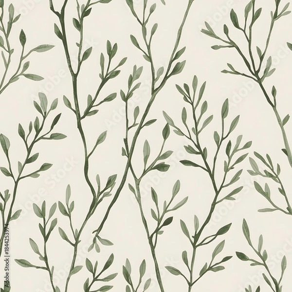 Fototapeta Handdrawn_delicate_green_twig_pattern_with_slend