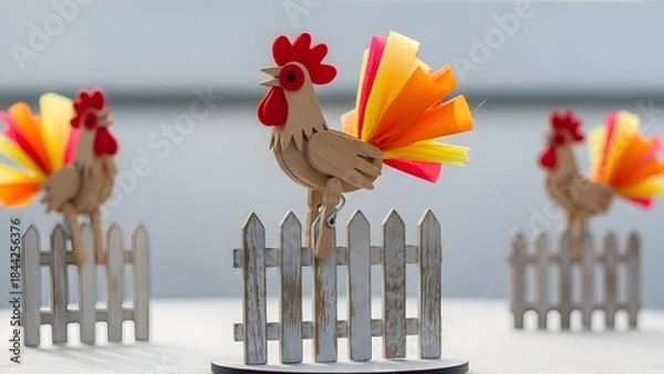 Obraz Cute Paper Rooster Family Craft | Colorful Rainbow Feather Roosters on Wooden Fence 2026