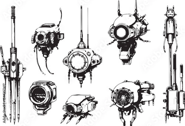 Fototapeta Mechanism set, retro, vintage, steampunk, cyberpunk, decorative elements. Ideal design for social media, cover, banner, flyer, music, ads.