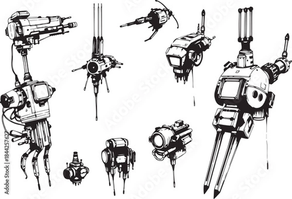 Fototapeta Mechanism set, retro, vintage, steampunk, cyberpunk, decorative elements. Ideal design for social media, cover, banner, flyer, music, ads.
