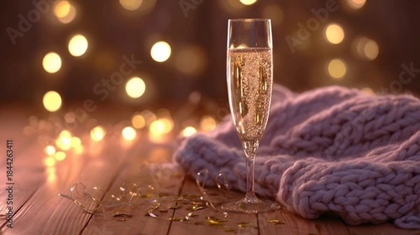 Fototapeta A champagne flute with golden bubbles on a wooden table beside a cozy blanket and festive confetti.