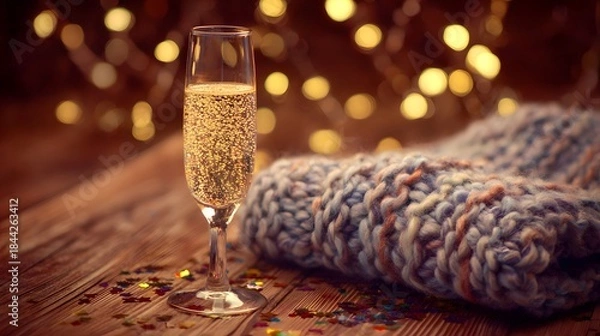 Fototapeta A champagne flute with golden bubbles on a wooden table beside a cozy blanket and festive confetti.