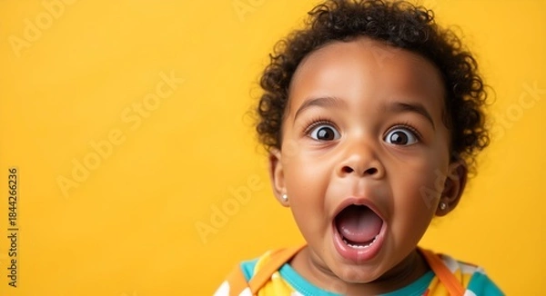 Fototapeta African American child with curly hair, wearing colorful outfit, expressing surprise and joy, against bright yellow background, capturing a moment of pure excitement and emotion
