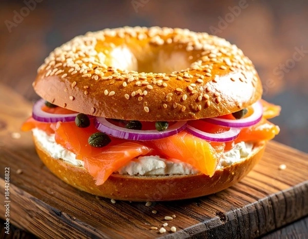 Fototapeta Open-Faced Smoked Salmon Bagel with Cream Cheese and Capers