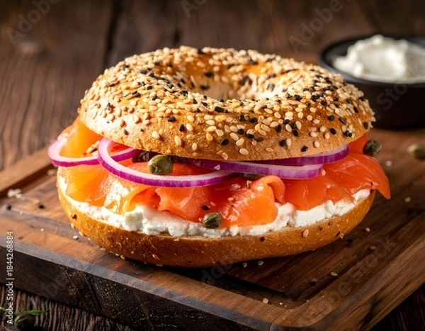 Fototapeta Open-Faced Smoked Salmon Bagel with Cream Cheese and Capers