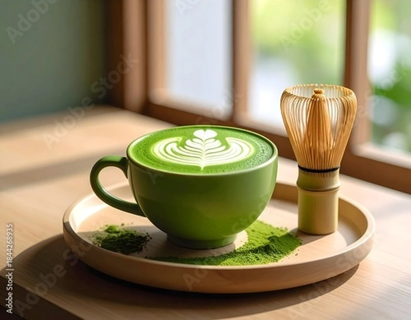 Fototapeta Vibrant Green Matcha Latte with Rosetta Art on Wooden Tray