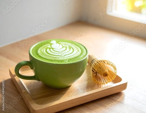Fototapeta Vibrant Green Matcha Latte with Rosetta Art on Wooden Tray
