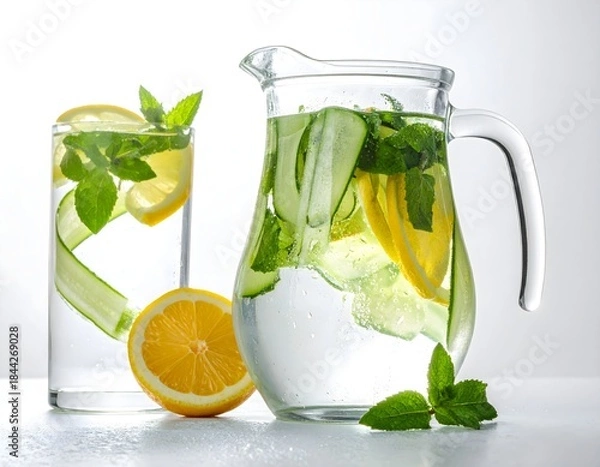Fototapeta Fresh Cucumber and Lemon Detox Water Pitcher with Mint and Condensation