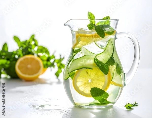 Fototapeta Fresh Cucumber and Lemon Detox Water Pitcher with Mint and Condensation